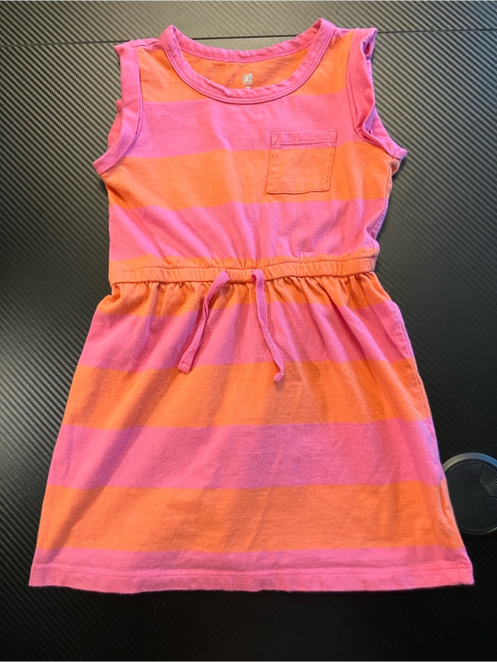 GAP Pink & Orange Cotton Striped Sleeveless Drawstring Dress